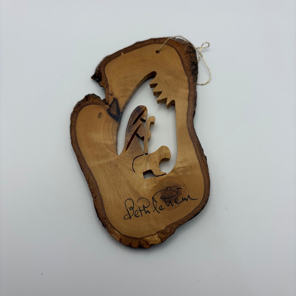 Bethlehem Olive Wood Nativity Ornament Live Edge Bark Slice Religious Christmas